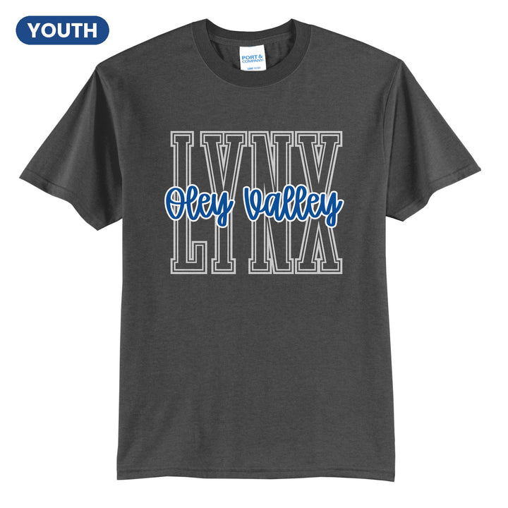 Oley Valley Lynx Outline Script youth t-shirt in Charcoal: outlined LYNX letters with Oley Valley script across the front
