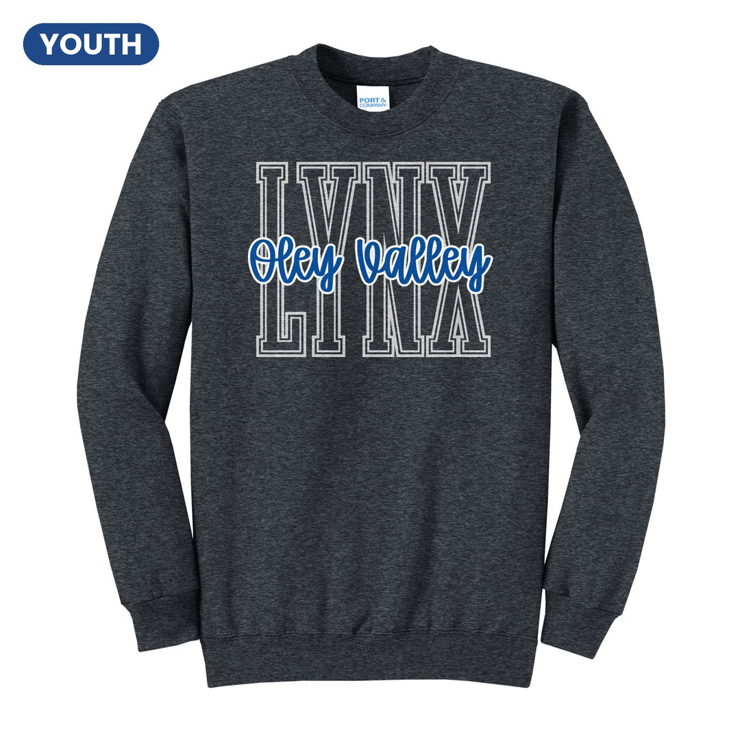 Oley Valley Lynx Outline Script youth crewneck sweatshirt in Dark Heather Grey: outlined LYNX letters with Oley Valley script across the front