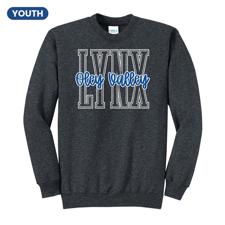Oley Valley Lynx Outline Script youth crewneck sweatshirt in Dark Heather Grey: outlined LYNX letters with Oley Valley script across the front