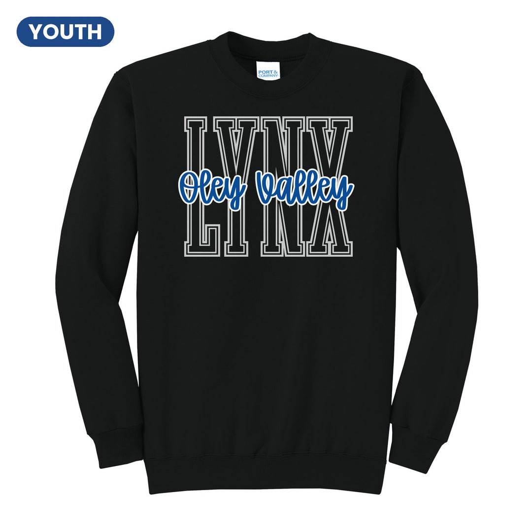 Oley Valley Lynx Outline Script youth crewneck sweatshirt in Jet Black: outlined LYNX letters with Oley Valley script across the front