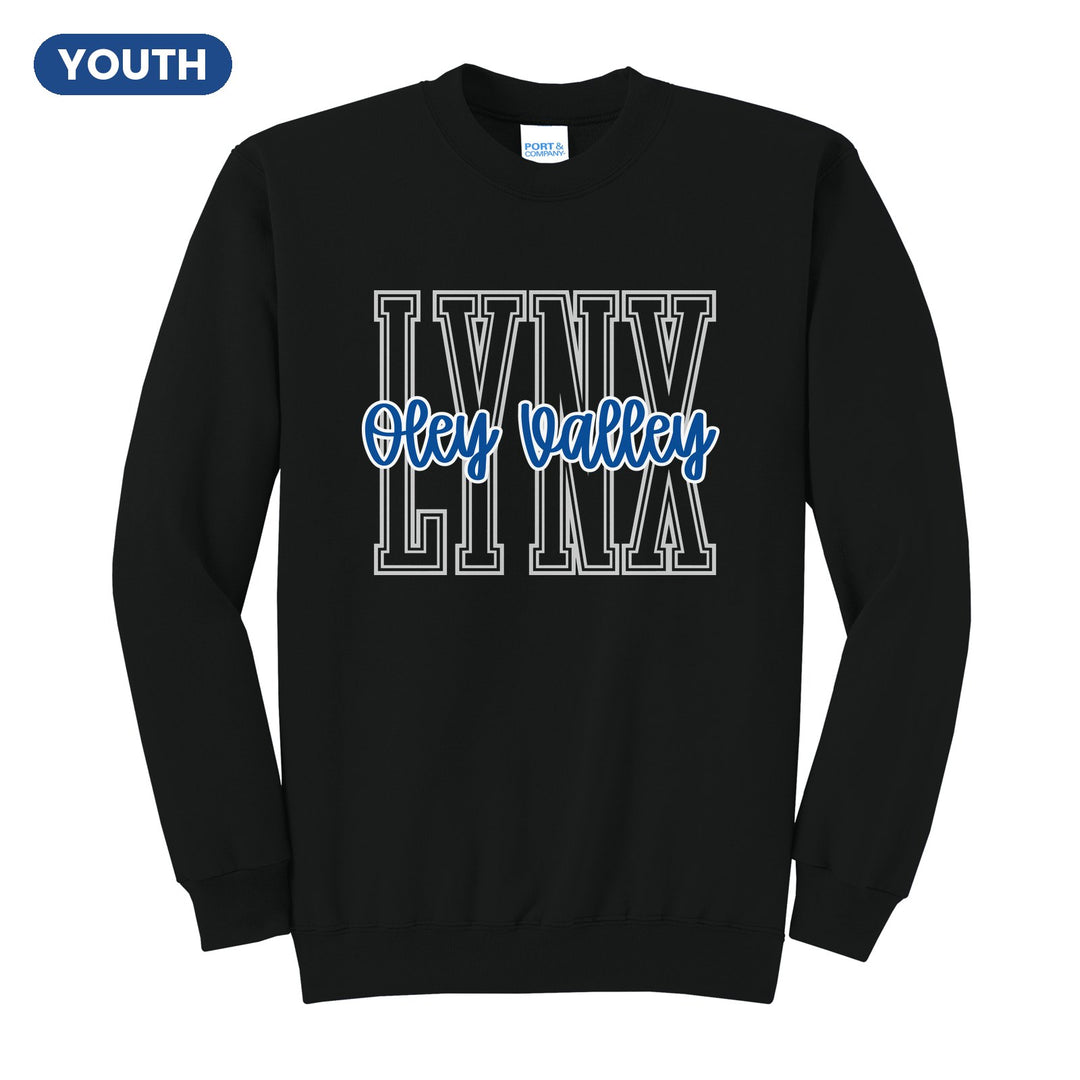 Oley Valley Lynx Outline Script youth crewneck sweatshirt in Jet Black: outlined LYNX letters with Oley Valley script across the front