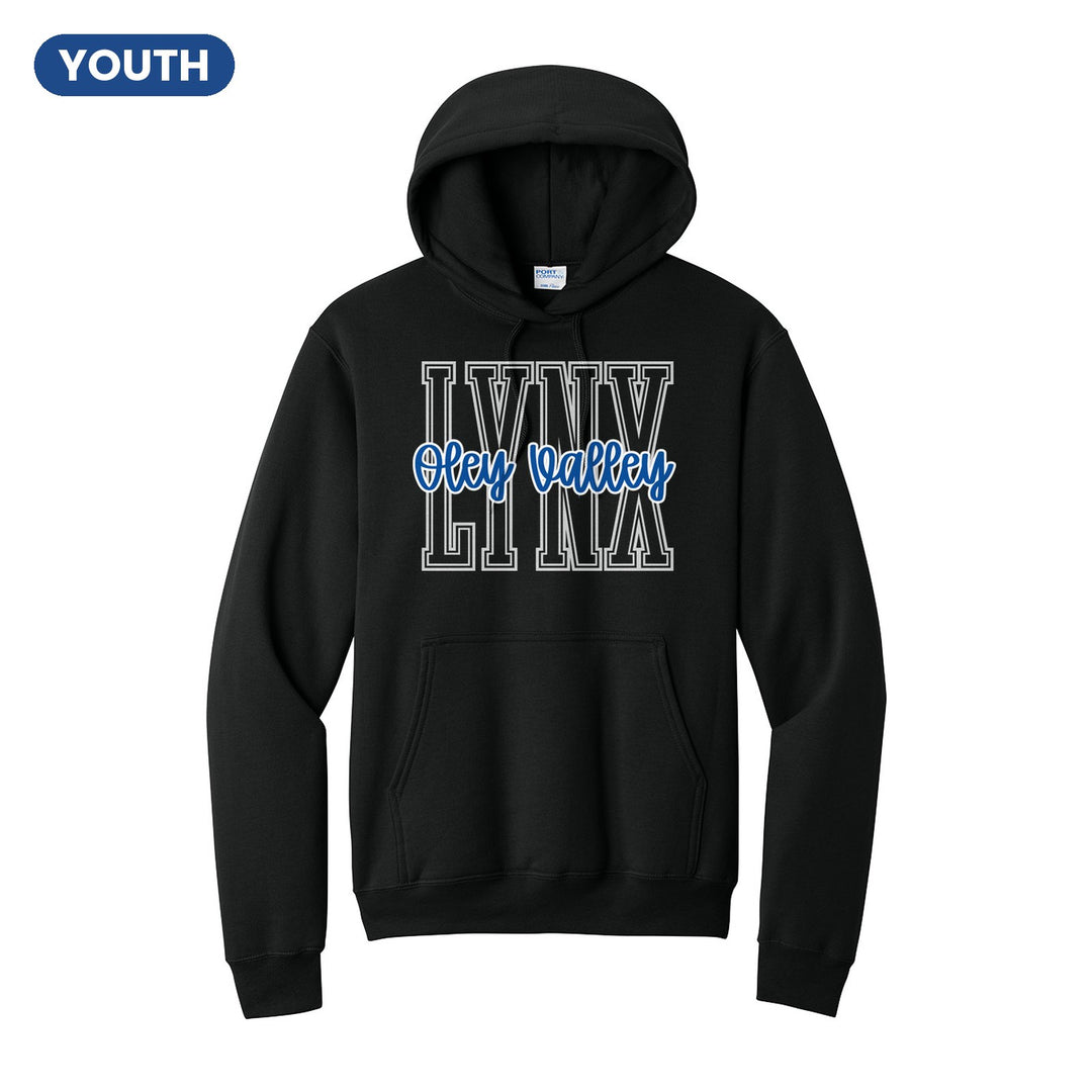 Oley Valley Lynx Outline Script youth hoodie in Jet Black: outlined LYNX letters with Oley Valley script across the front