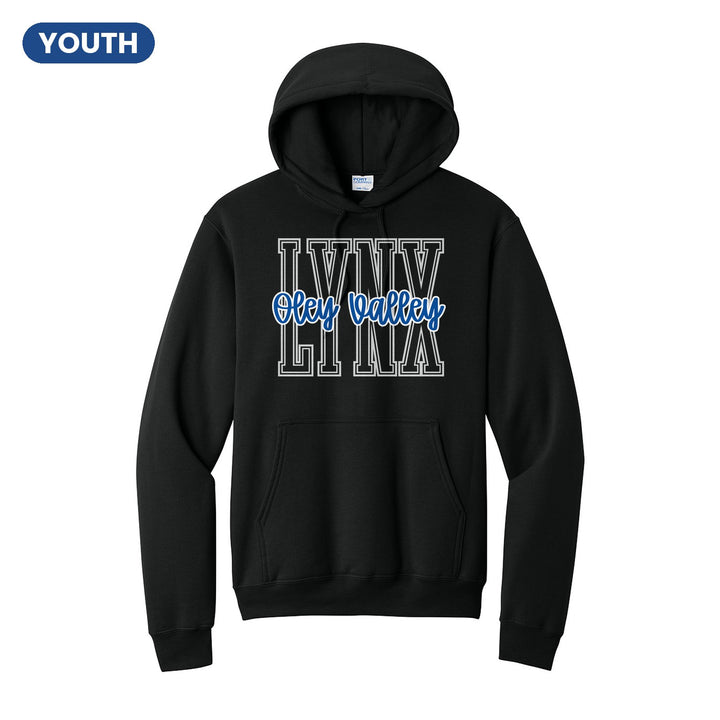 Oley Valley Lynx Outline Script youth hoodie in Jet Black: outlined LYNX letters with Oley Valley script across the front