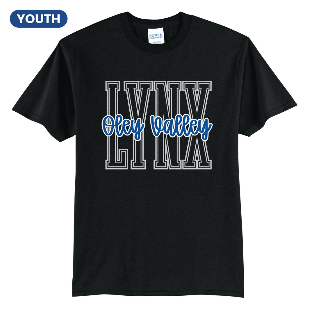 Oley Valley Lynx Outline Script youth t-shirt in Jet Black: outlined LYNX letters with Oley Valley script across the front