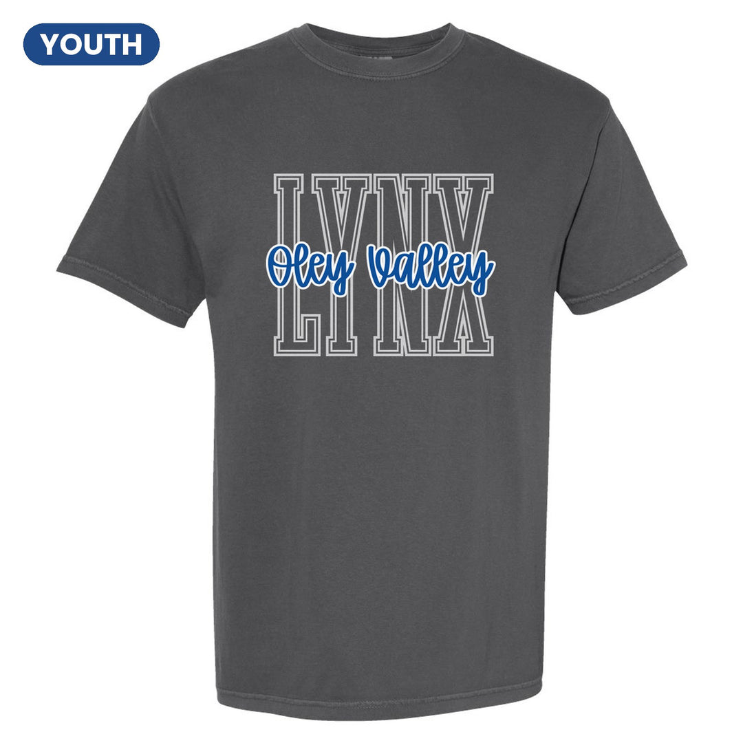 Oley Valley Lynx Outline Script youth comfort colors t-shirt in Pepper: outlined LYNX letters with Oley Valley script across the front