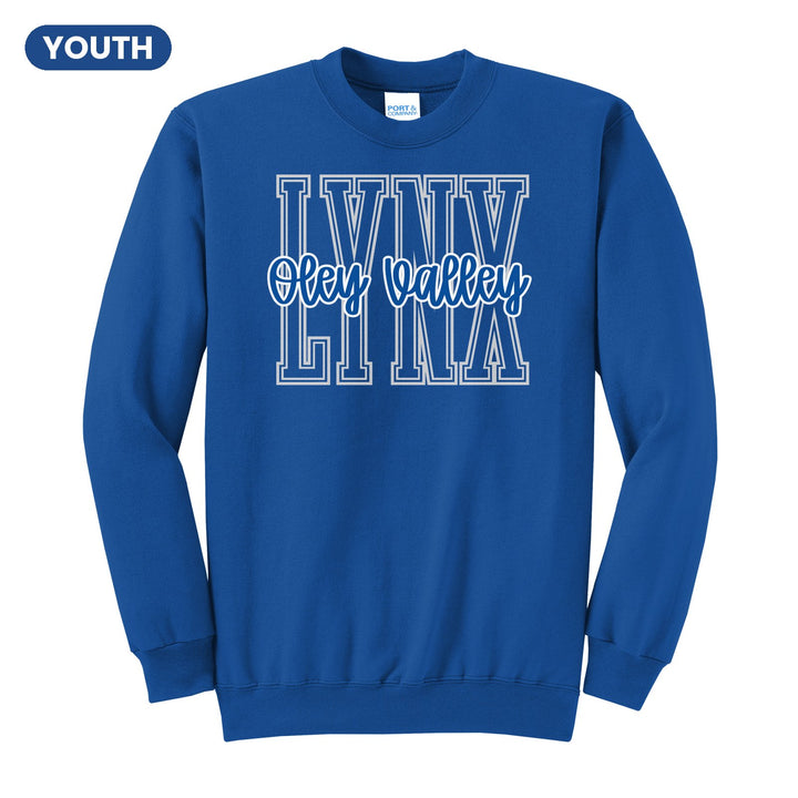 Oley Valley Lynx Outline Script youth crewneck sweatshirt in Royal: outlined LYNX letters with Oley Valley script across the front