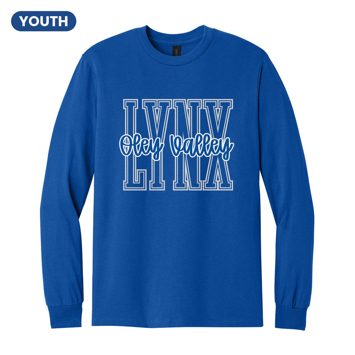 Oley Valley Lynx Outline Script youth long sleeve t-shirt in Royal: outlined LYNX letters with Oley Valley script across the front