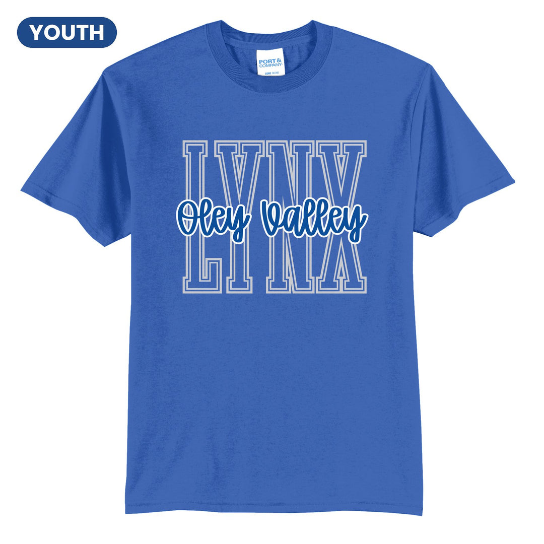 Oley Valley Lynx Outline Script youth t-shirt in Royal: outlined LYNX letters with Oley Valley script across the front