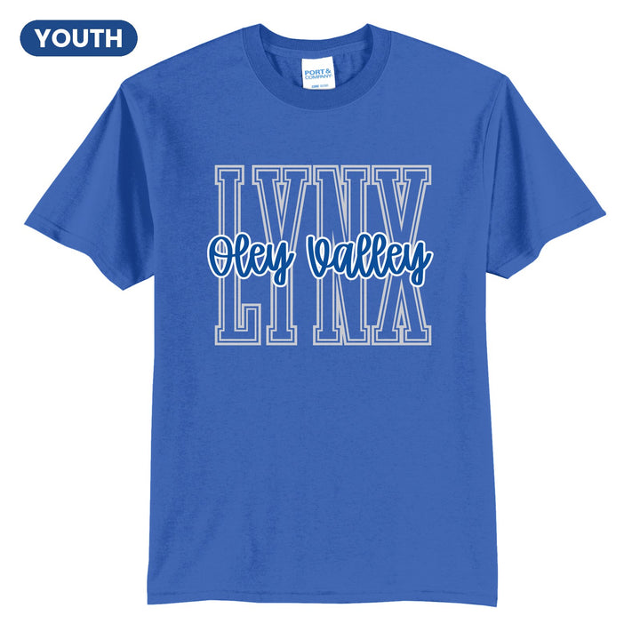 Oley Valley Lynx Outline Script youth t-shirt in Royal: outlined LYNX letters with Oley Valley script across the front
