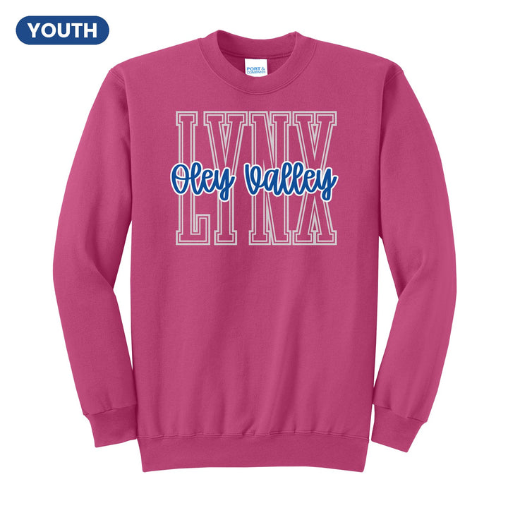 Oley Valley Lynx Outline Script youth crewneck sweatshirt in Sangria: outlined LYNX letters with Oley Valley script across the front