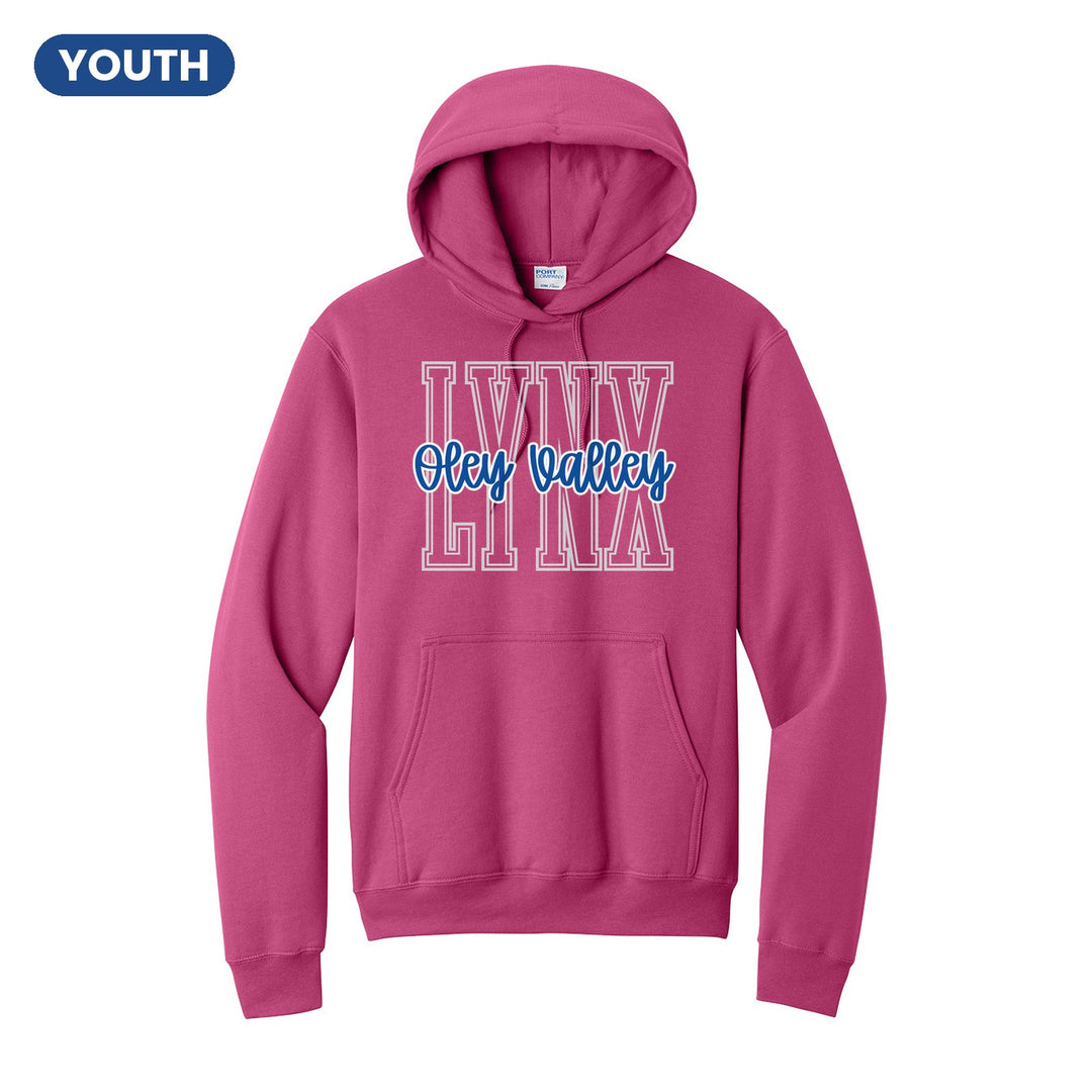 Oley Valley Lynx Outline Script youth hoodie in Sangria: outlined LYNX letters with Oley Valley script across the front