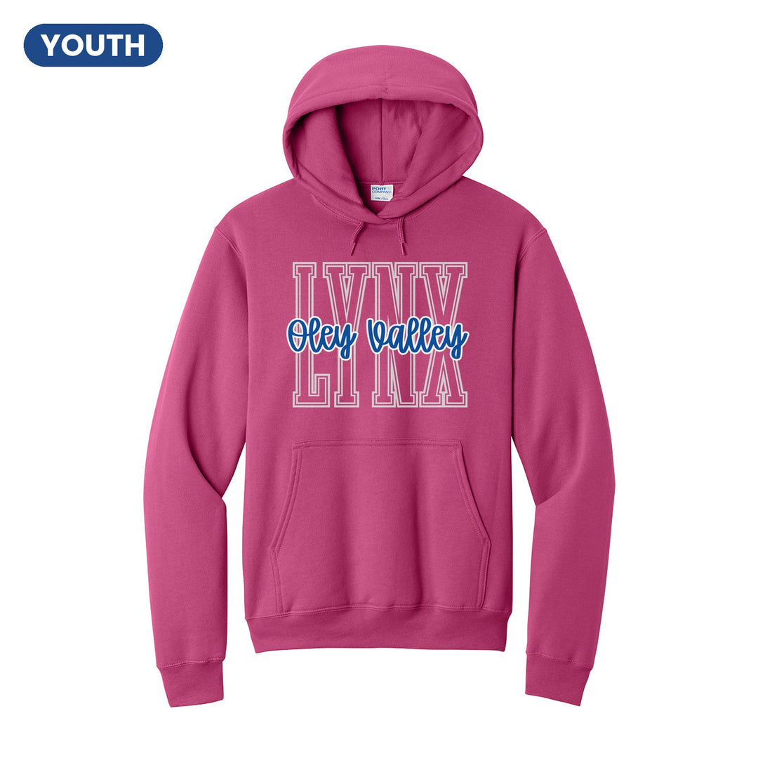 Oley Valley Lynx Outline Script youth hoodie in Sangria: outlined LYNX letters with Oley Valley script across the front