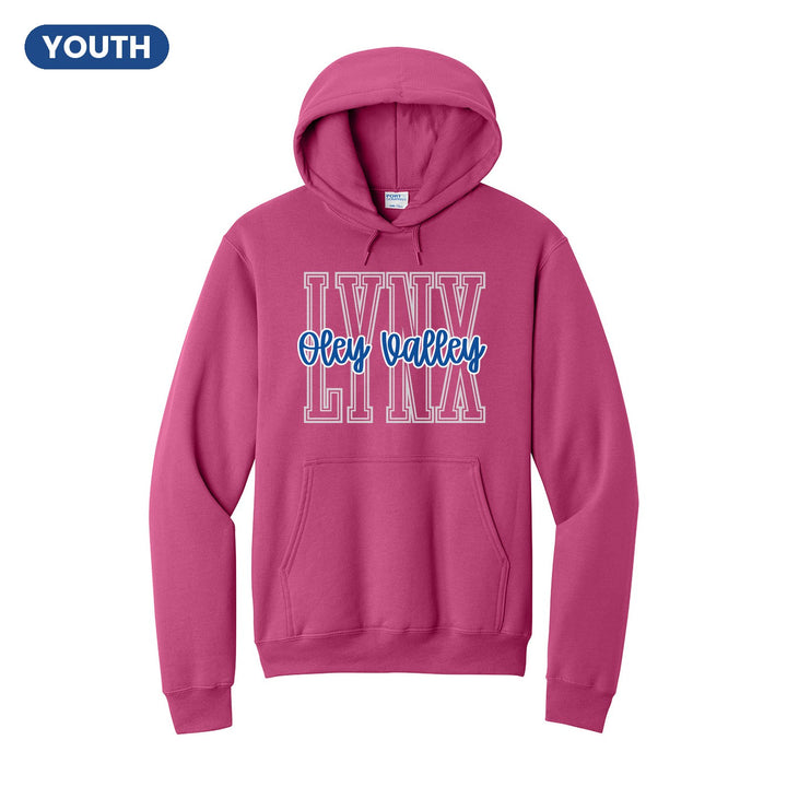 Oley Valley Lynx Outline Script youth hoodie in Sangria: outlined LYNX letters with Oley Valley script across the front