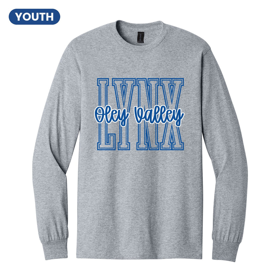Oley Valley Lynx Outline Script youth long sleeve t-shirt in Sport Grey: outlined LYNX letters with Oley Valley script across the front