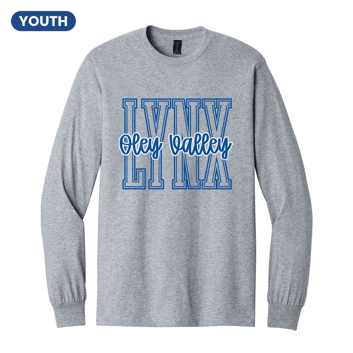Oley Valley Lynx Outline Script youth long sleeve t-shirt in Sport Grey: outlined LYNX letters with Oley Valley script across the front