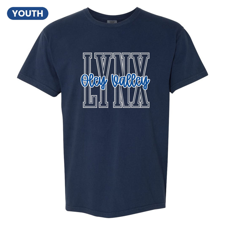 Oley Valley Lynx Outline Script youth comfort colors t-shirt in True Navy: outlined LYNX letters with Oley Valley script across the front