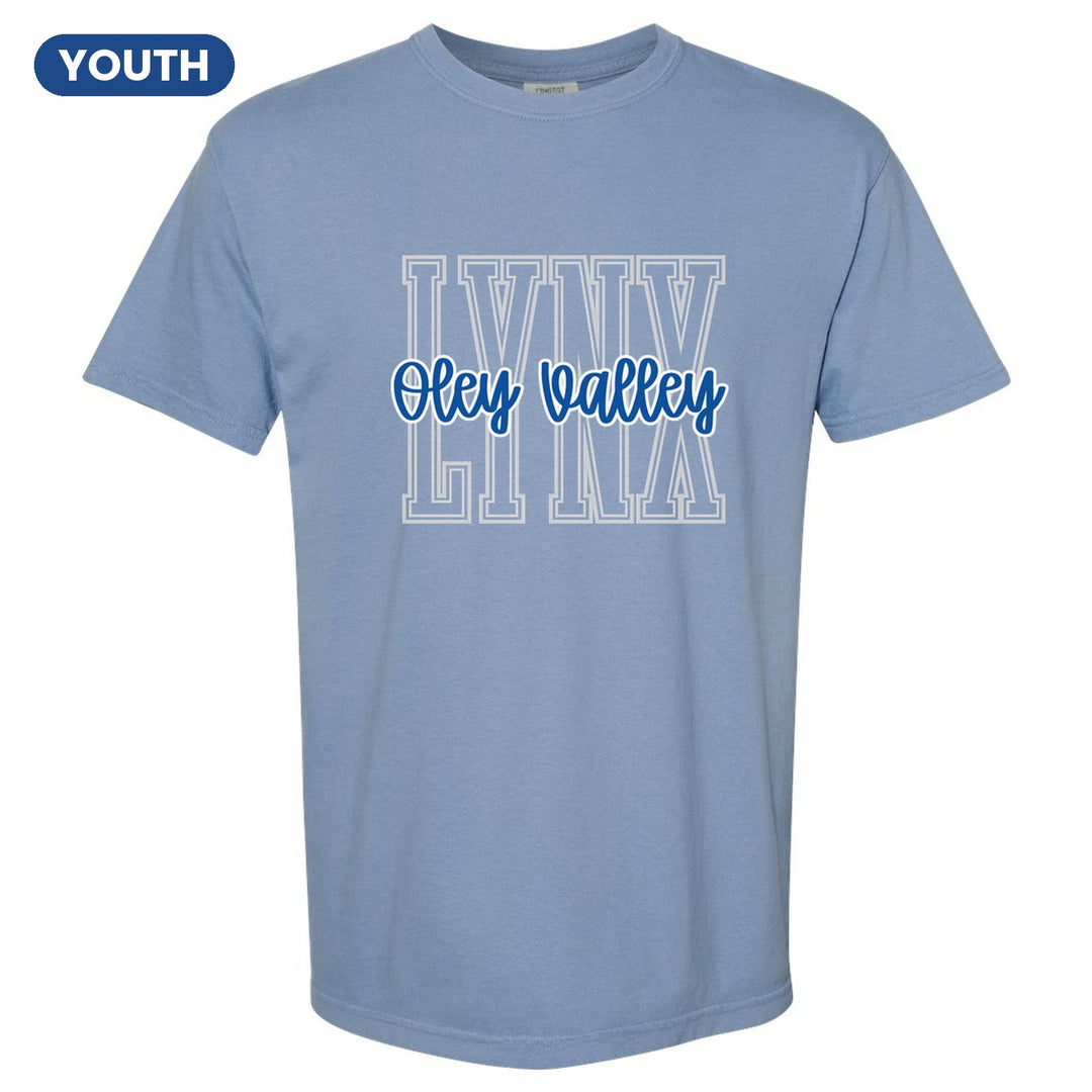 Oley Valley Lynx Outline Script youth comfort colors t-shirt in Washed Denim: outlined LYNX letters with Oley Valley script across the front