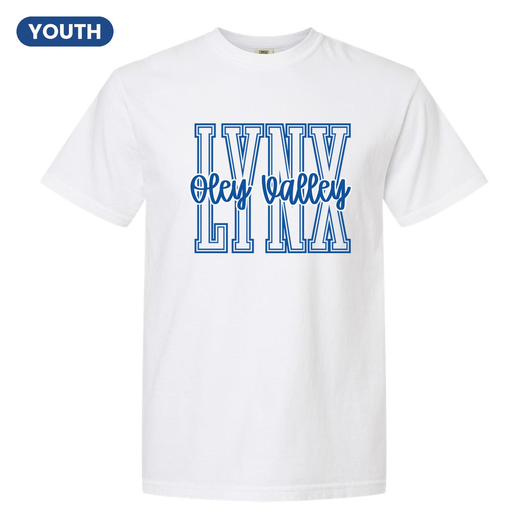 Oley Valley Lynx Outline Script youth comfort colors t-shirt in White: outlined LYNX letters with Oley Valley script across the front