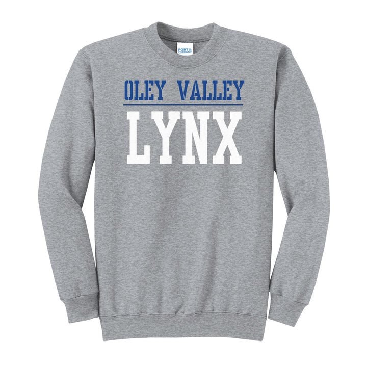 Oley Valley Lynx Split Block crewneck sweatshirt in Athletic Heather: OLEY VALLEY over a thin rule and big LYNX block letters