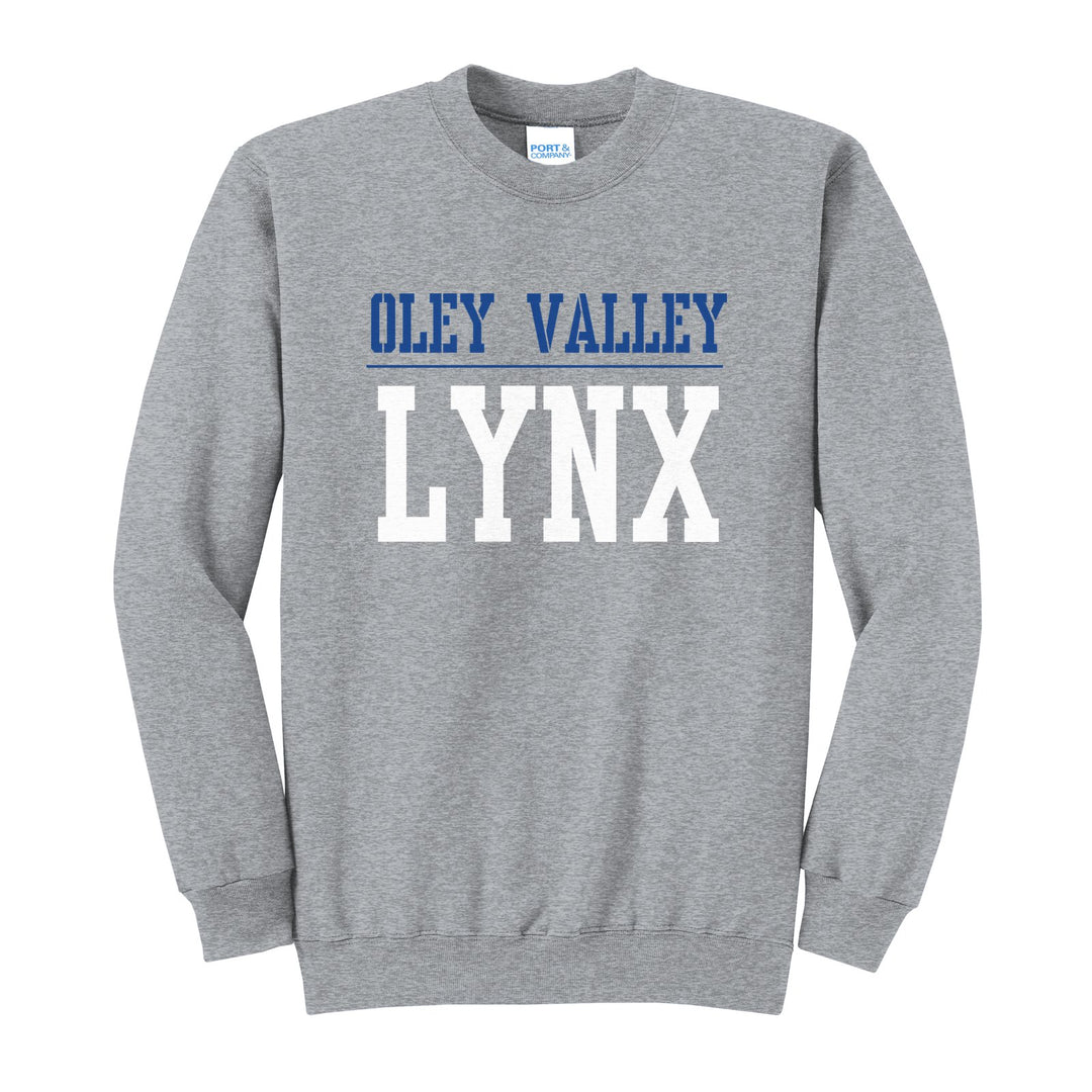 Oley Valley Lynx Split Block crewneck sweatshirt in Athletic Heather: OLEY VALLEY over a thin rule and big LYNX block letters