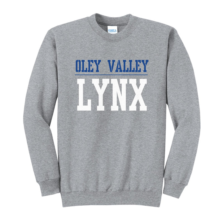 Oley Valley Lynx Split Block crewneck sweatshirt in Athletic Heather: OLEY VALLEY over a thin rule and big LYNX block letters