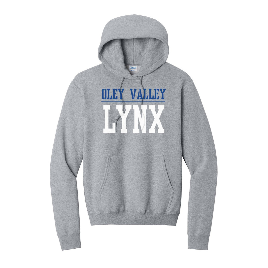 Oley Valley Lynx Split Block hoodie in Athletic Heather: OLEY VALLEY over a thin rule and big LYNX block letters