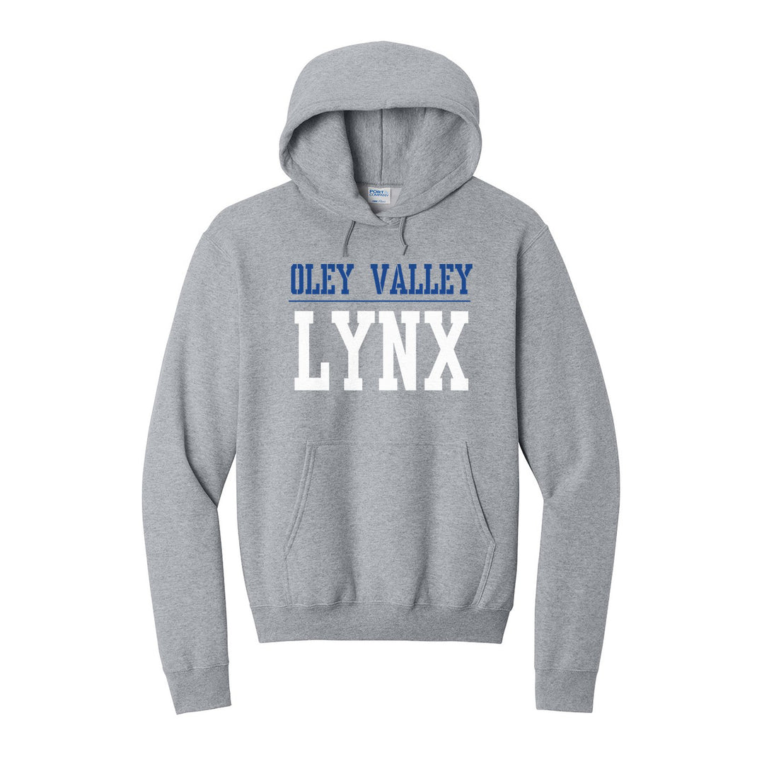 Oley Valley Lynx Split Block hoodie in Athletic Heather: OLEY VALLEY over a thin rule and big LYNX block letters