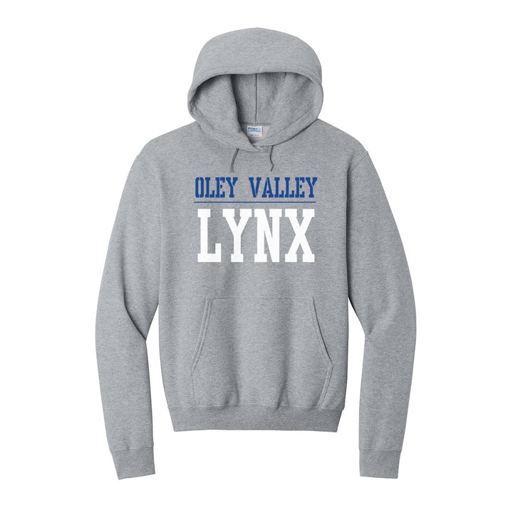 Oley Valley Lynx Split Block hoodie in Athletic Heather: OLEY VALLEY over a thin rule and big LYNX block letters