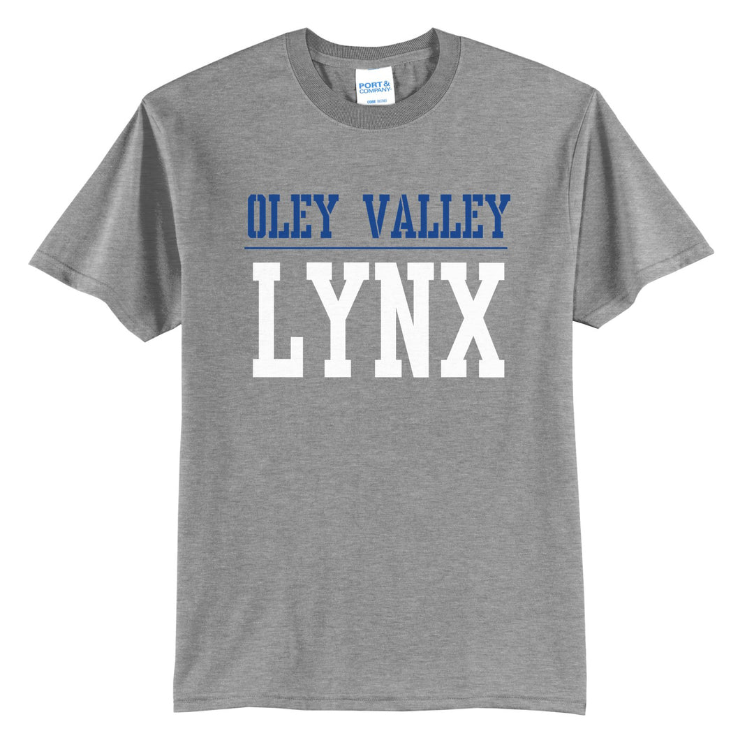 Oley Valley Lynx Split Block t-shirt in Athletic Heather: OLEY VALLEY over a thin rule and big LYNX block letters