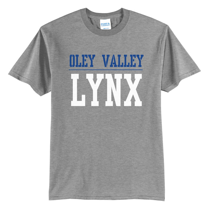Oley Valley Lynx Split Block t-shirt in Athletic Heather: OLEY VALLEY over a thin rule and big LYNX block letters