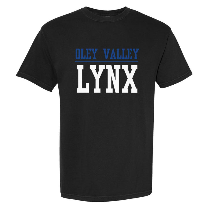 Oley Valley Lynx Split Block comfort colors t-shirt in Black: OLEY VALLEY over a thin rule and big LYNX block letters
