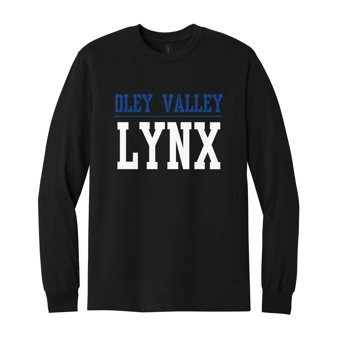 Oley Valley Lynx Split Block long sleeve t-shirt in Black: OLEY VALLEY over a thin rule and big LYNX block letters