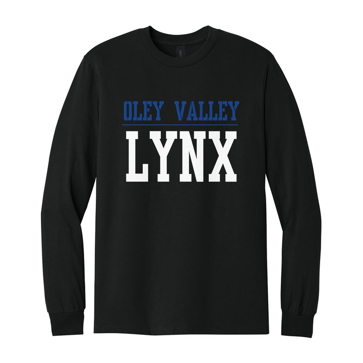 Oley Valley Lynx Split Block long sleeve t-shirt in Black: OLEY VALLEY over a thin rule and big LYNX block letters