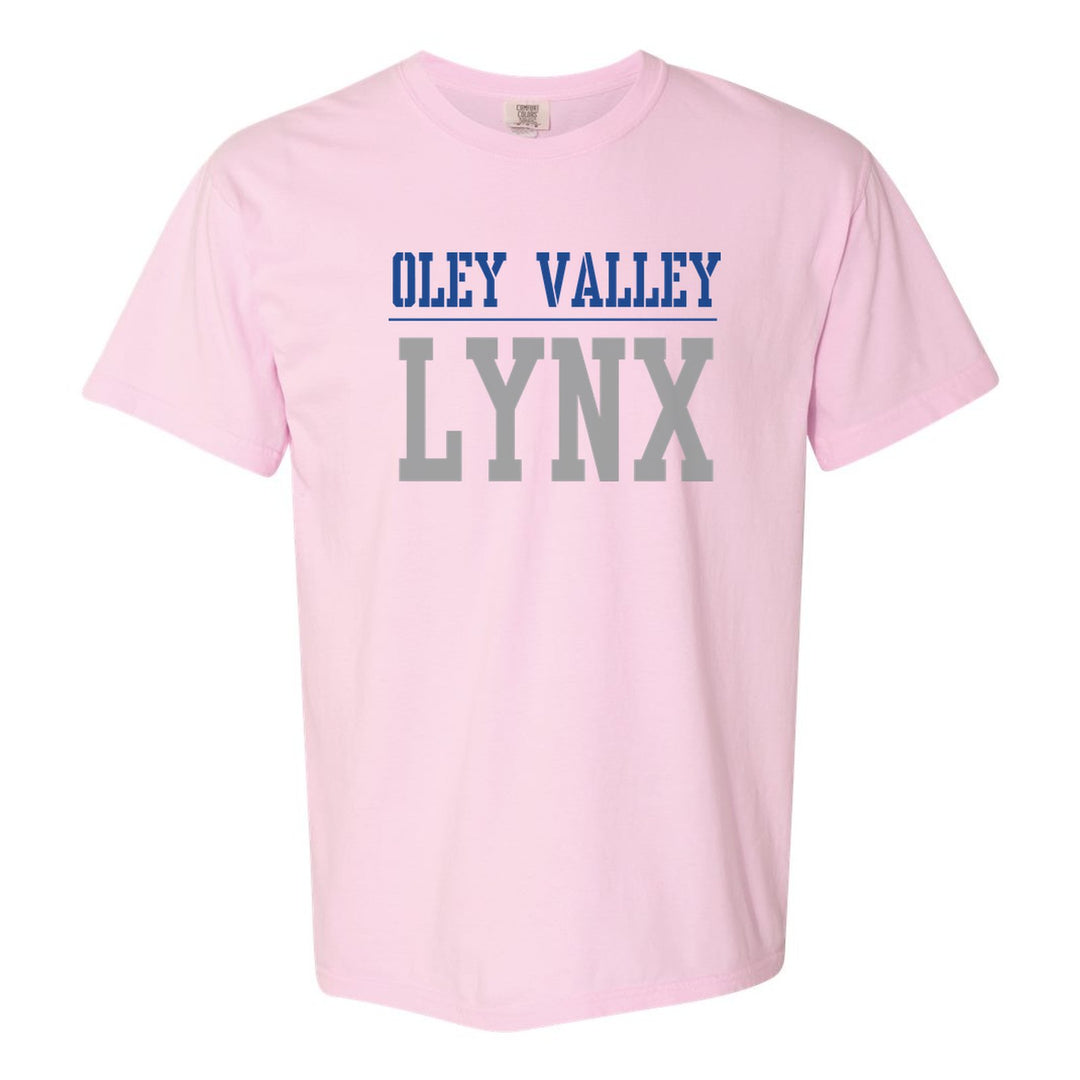 Oley Valley Lynx Split Block comfort colors t-shirt in Blossom: OLEY VALLEY over a thin rule and big LYNX block letters
