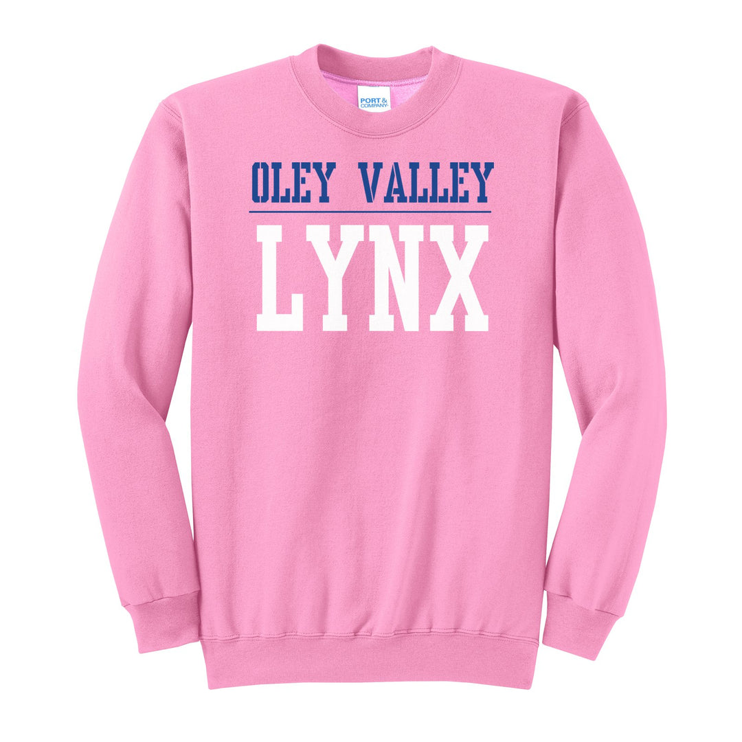 Oley Valley Lynx Split Block crewneck sweatshirt in Candy Pink: OLEY VALLEY over a thin rule and big LYNX block letters