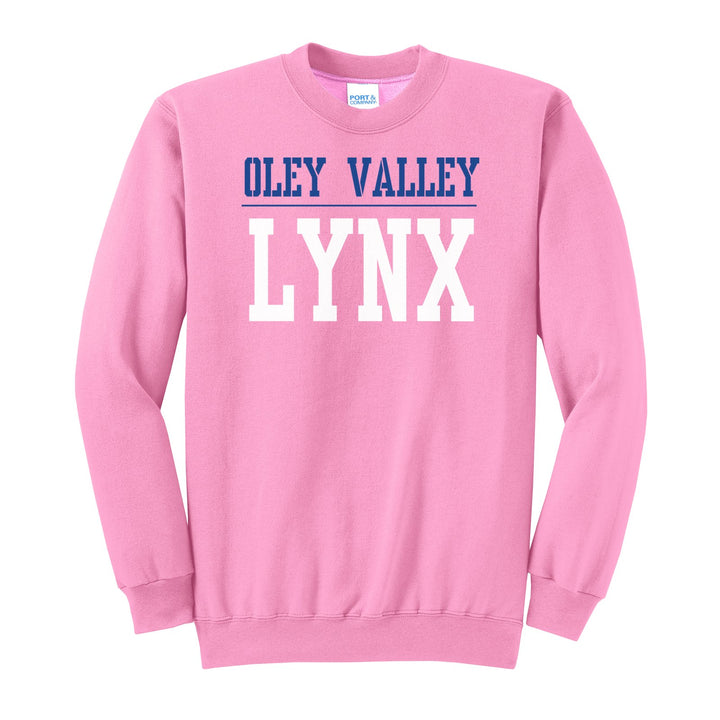 Oley Valley Lynx Split Block crewneck sweatshirt in Candy Pink: OLEY VALLEY over a thin rule and big LYNX block letters