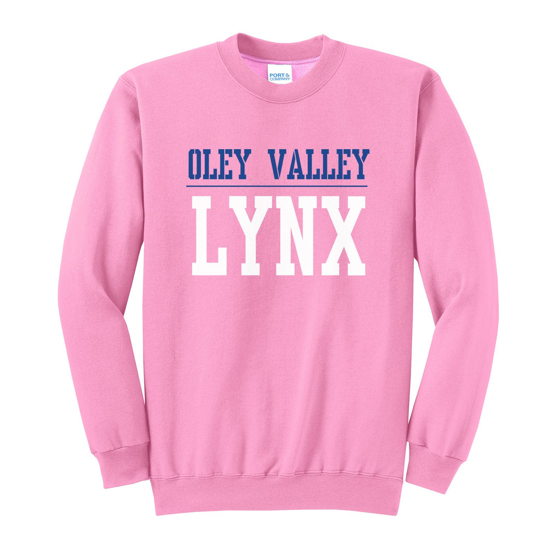 Oley Valley Lynx Split Block crewneck sweatshirt in Candy Pink: OLEY VALLEY over a thin rule and big LYNX block letters