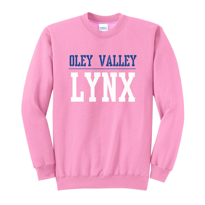 Oley Valley Lynx Split Block crewneck sweatshirt in Candy Pink: OLEY VALLEY over a thin rule and big LYNX block letters