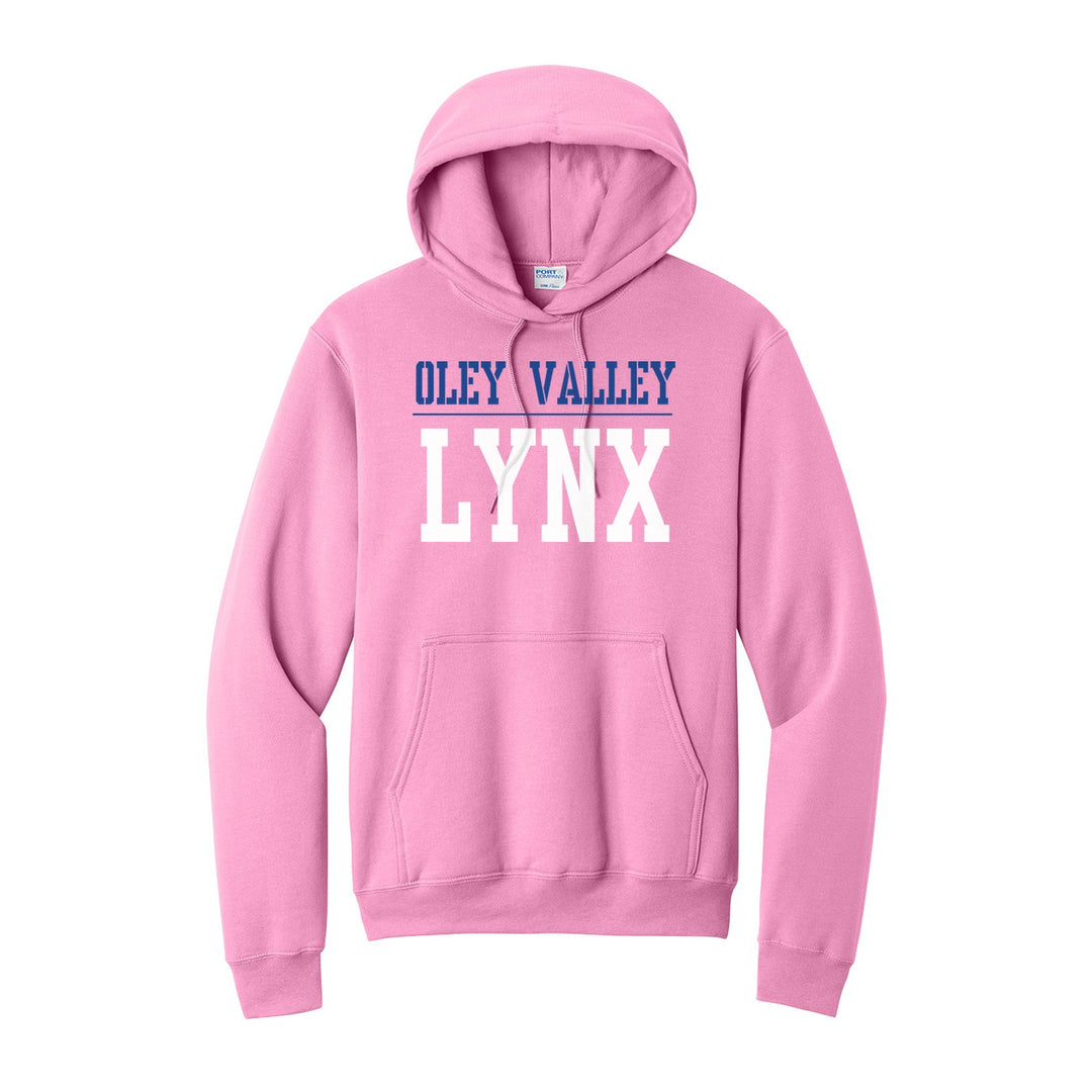 Oley Valley Lynx Split Block hoodie in Candy Pink: OLEY VALLEY over a thin rule and big LYNX block letters