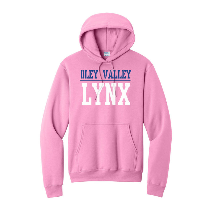 Oley Valley Lynx Split Block hoodie in Candy Pink: OLEY VALLEY over a thin rule and big LYNX block letters