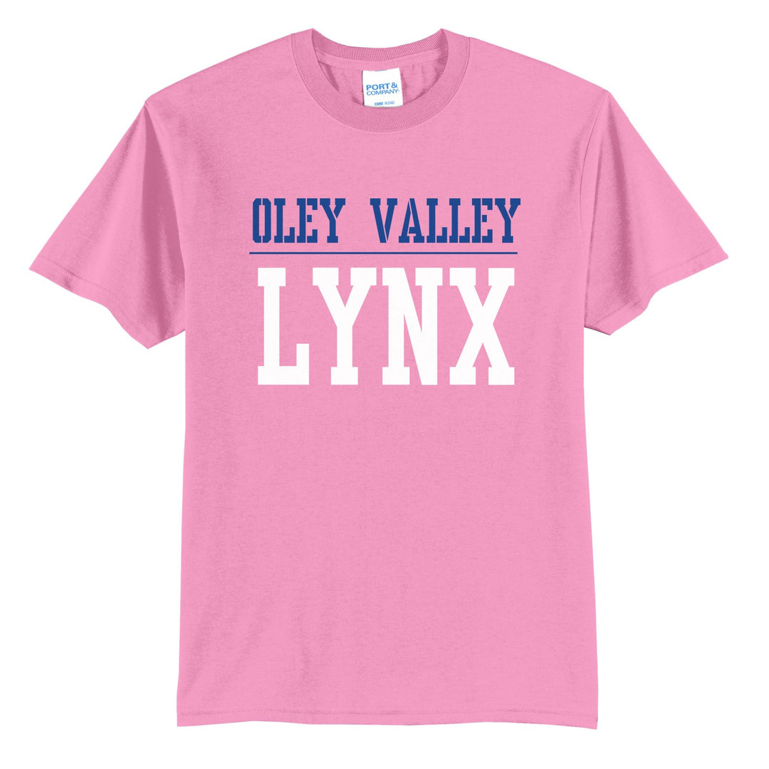 Oley Valley Lynx Split Block t-shirt in Candy Pink: OLEY VALLEY over a thin rule and big LYNX block letters