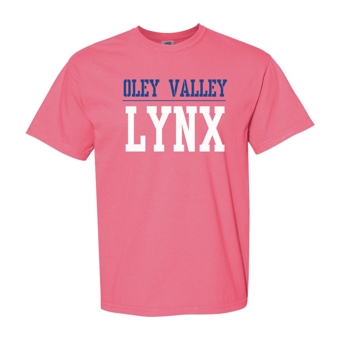Oley Valley Lynx Split Block comfort colors t-shirt in Crunchberry: OLEY VALLEY over a thin rule and big LYNX block letters