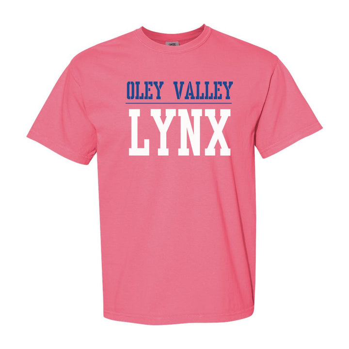 Oley Valley Lynx Split Block comfort colors t-shirt in Crunchberry: OLEY VALLEY over a thin rule and big LYNX block letters