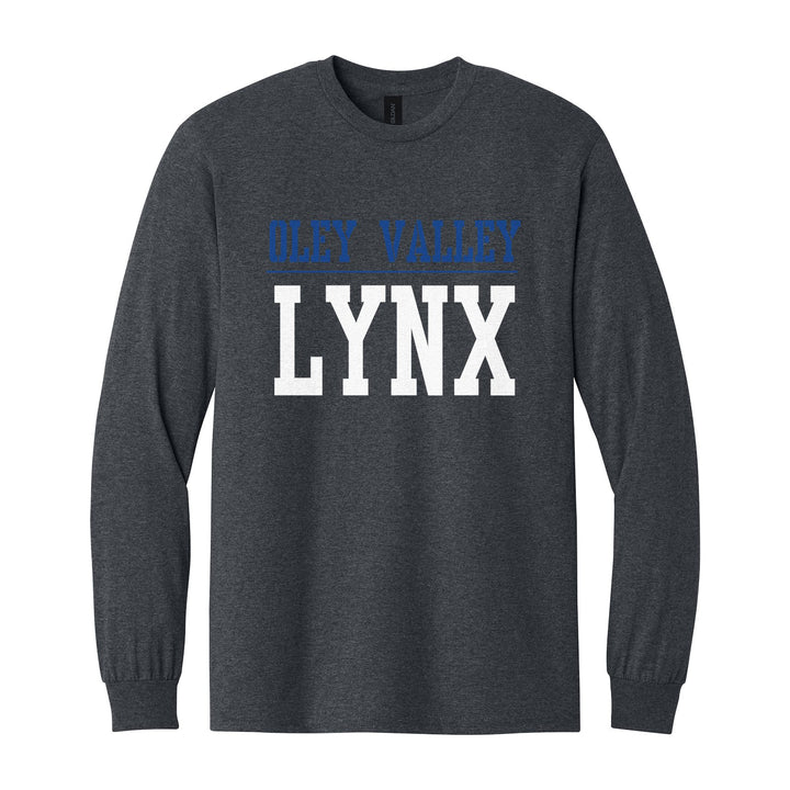 Oley Valley Lynx Split Block long sleeve t-shirt in Dark Heather: OLEY VALLEY over a thin rule and big LYNX block letters