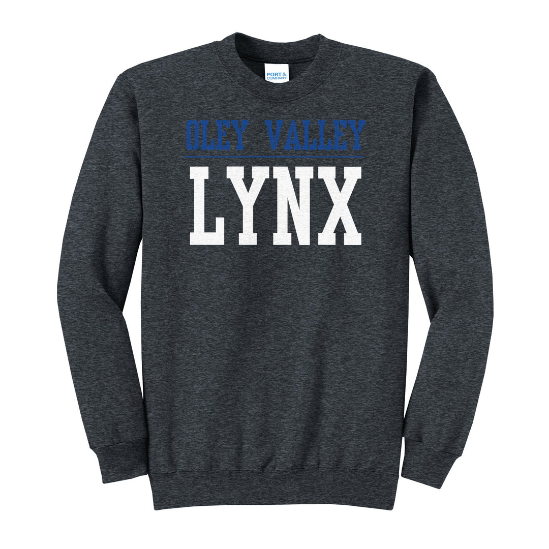 Oley Valley Lynx Split Block crewneck sweatshirt in Dark Heather Grey: OLEY VALLEY over a thin rule and big LYNX block letters