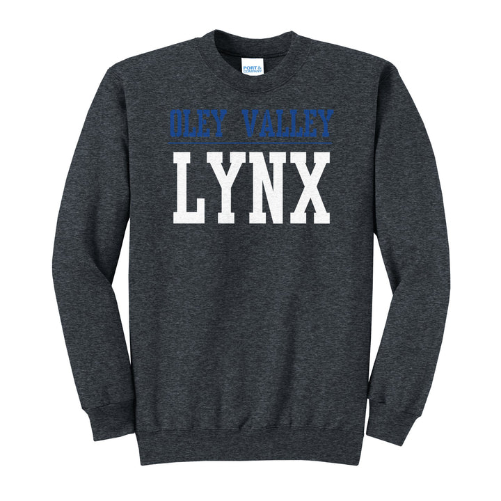 Oley Valley Lynx Split Block crewneck sweatshirt in Dark Heather Grey: OLEY VALLEY over a thin rule and big LYNX block letters