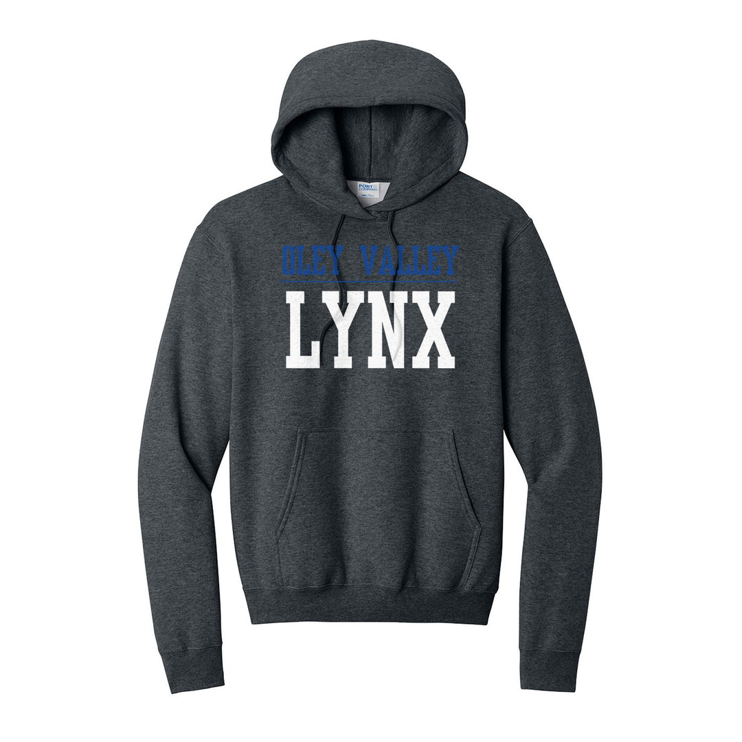 Oley Valley Lynx Split Block hoodie in Dark Heather Grey: OLEY VALLEY over a thin rule and big LYNX block letters