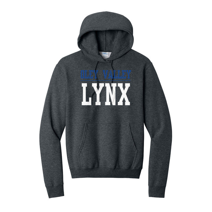 Oley Valley Lynx Split Block hoodie in Dark Heather Grey: OLEY VALLEY over a thin rule and big LYNX block letters