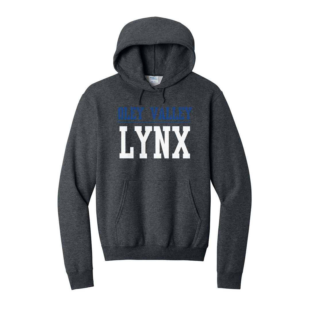 Oley Valley Lynx Split Block hoodie in Dark Heather Grey: OLEY VALLEY over a thin rule and big LYNX block letters