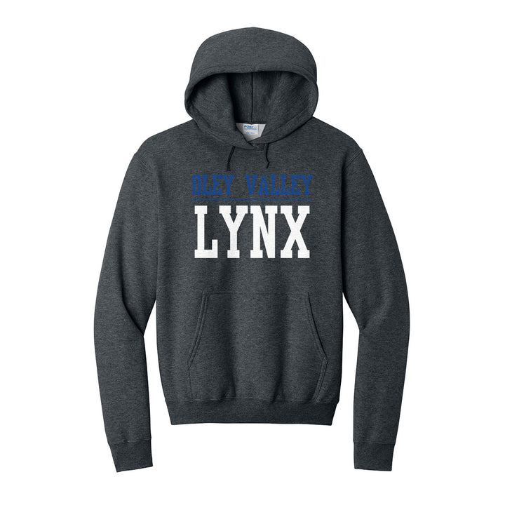 Oley Valley Lynx Split Block hoodie in Dark Heather Grey: OLEY VALLEY over a thin rule and big LYNX block letters